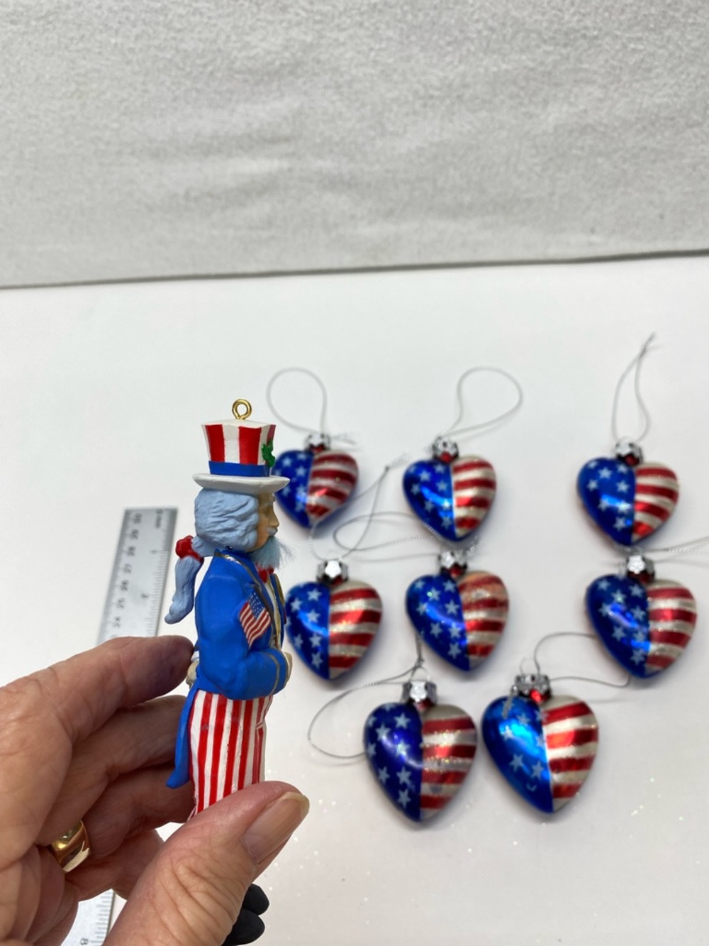 Patriotic Heart Ornament Set of 8 1 Uncle Sam Nutcracker Ornament Americana 4th - Picture 8 of 15